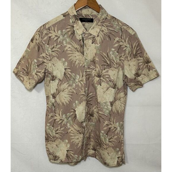 AllSaints Men's Small Short Sleeve Floral Linen Blend Button Up Laysan Shirt - Picture 2 of 11